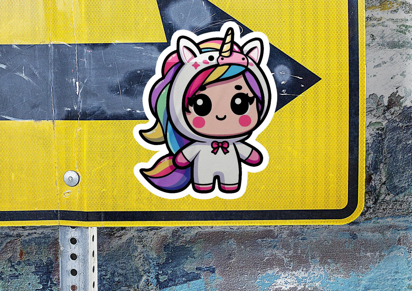 a close up of a street sign with a sticker of a unicorn