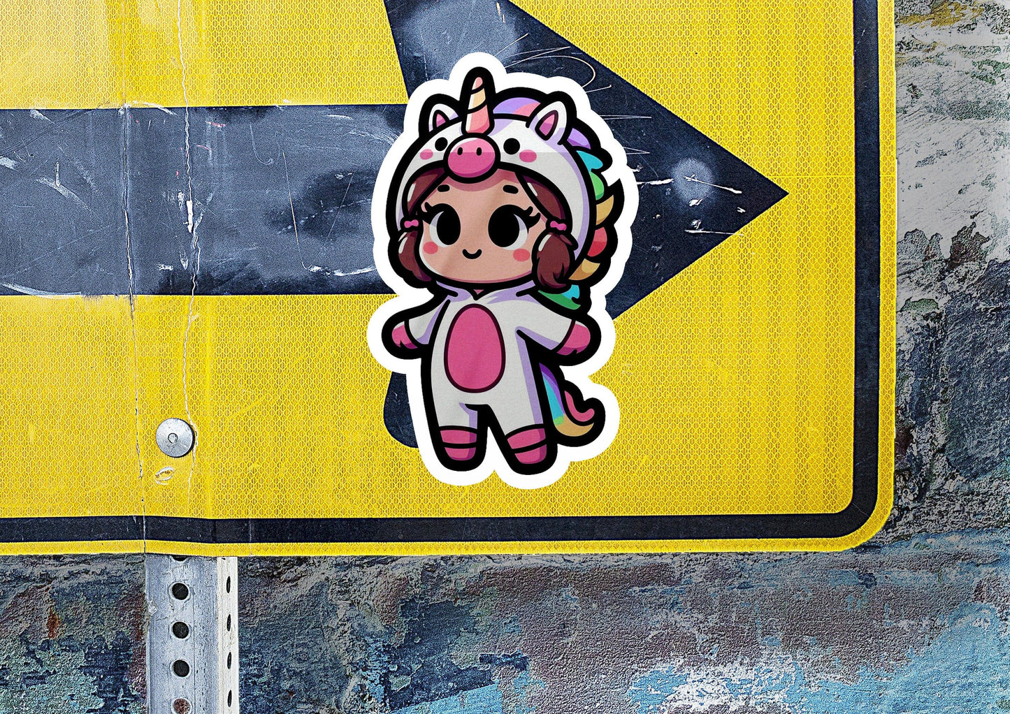 a close up of a street sign with a sticker of a unicorn