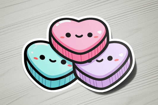 three heart shaped stickers sitting on top of a table