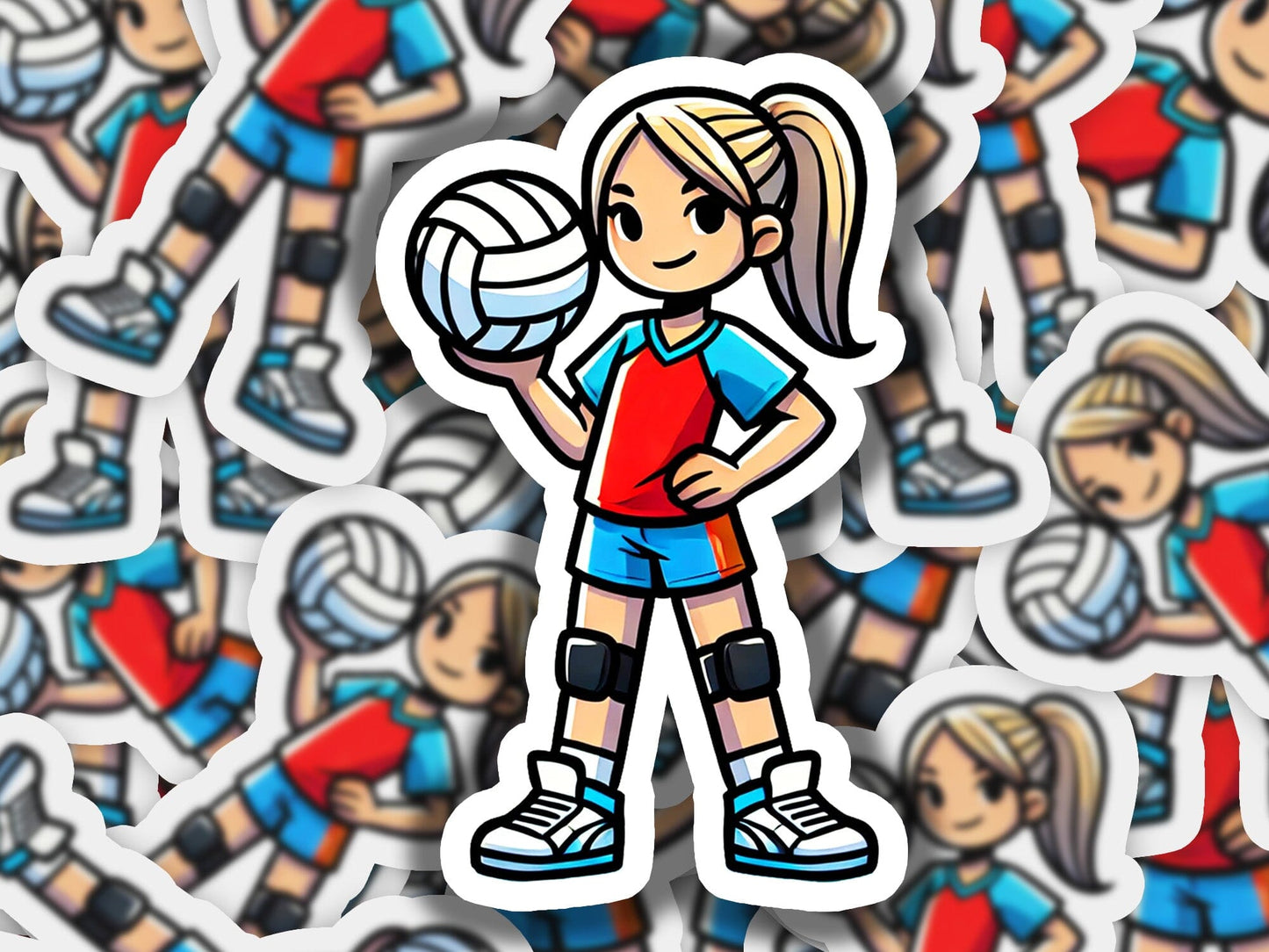 a sticker of a girl holding a volleyball ball