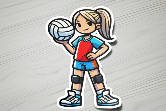 a sticker of a girl holding a volleyball ball