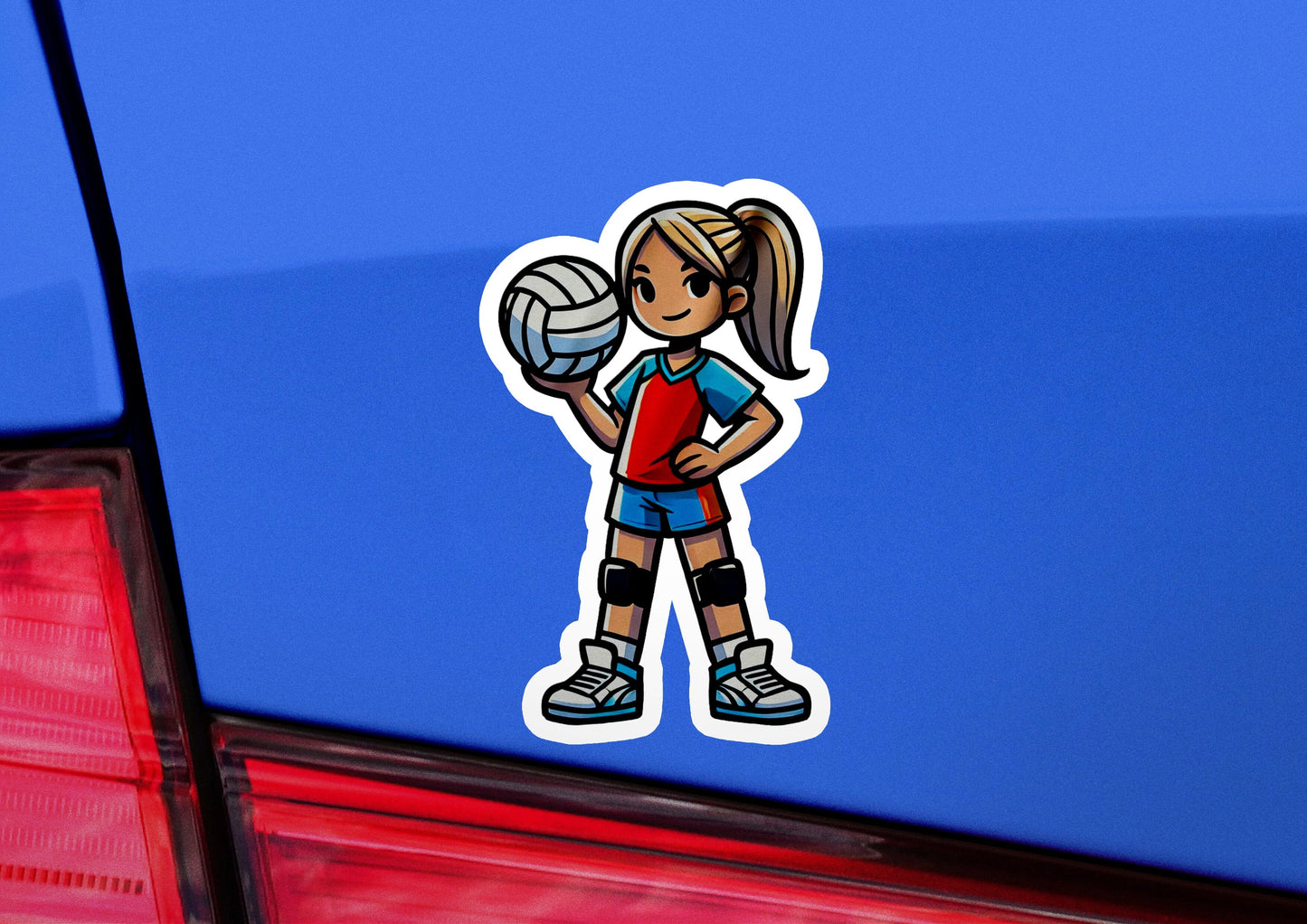 a sticker of a girl holding a volleyball ball