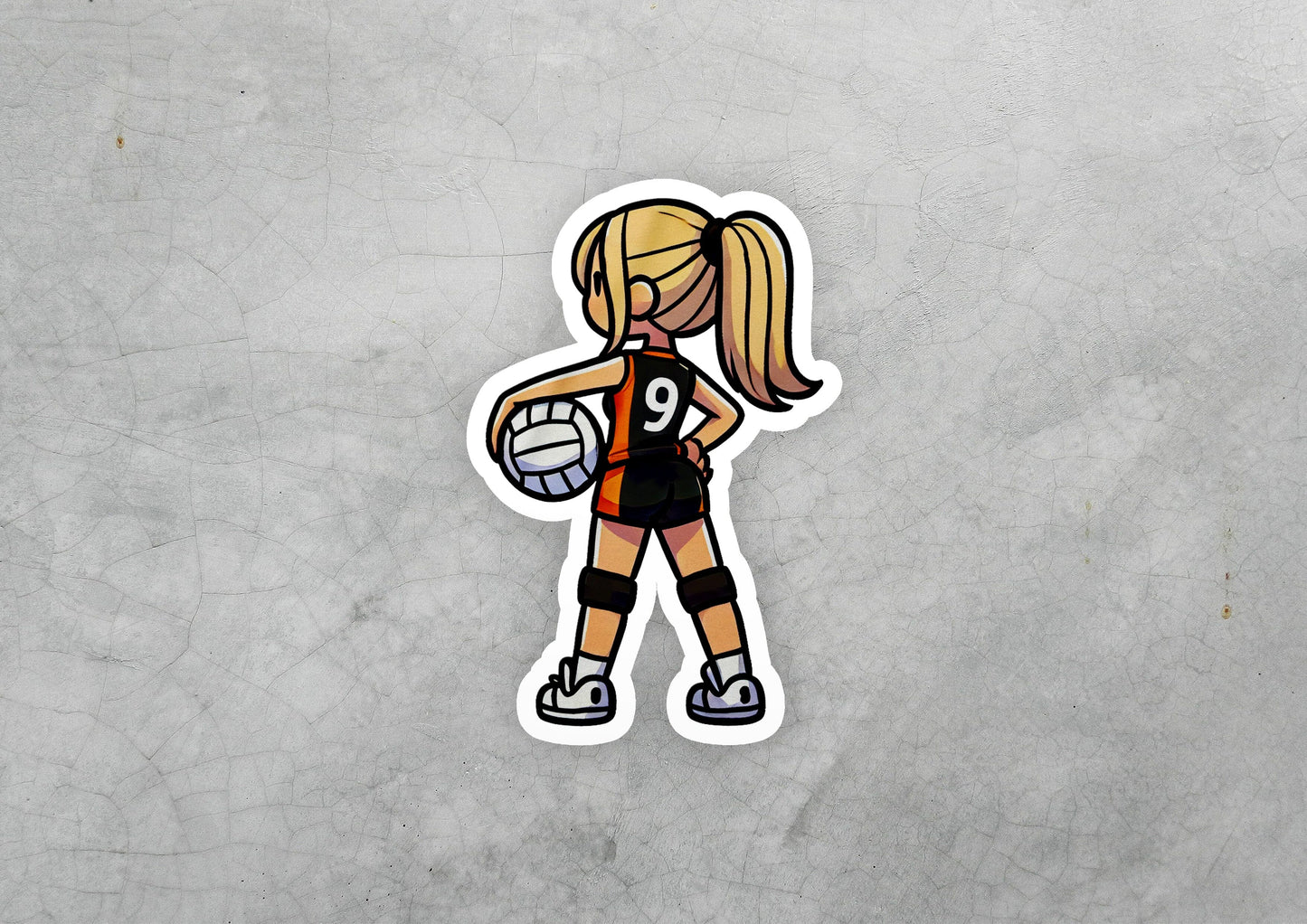 a sticker of a girl holding a volleyball ball