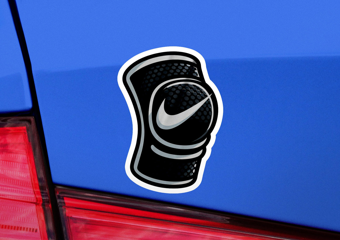 a sticker of a nike shoe on a blue car