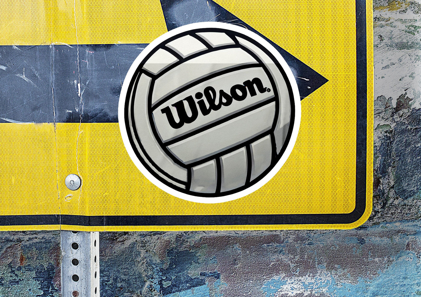 a close up of a street sign with a volleyball on it
