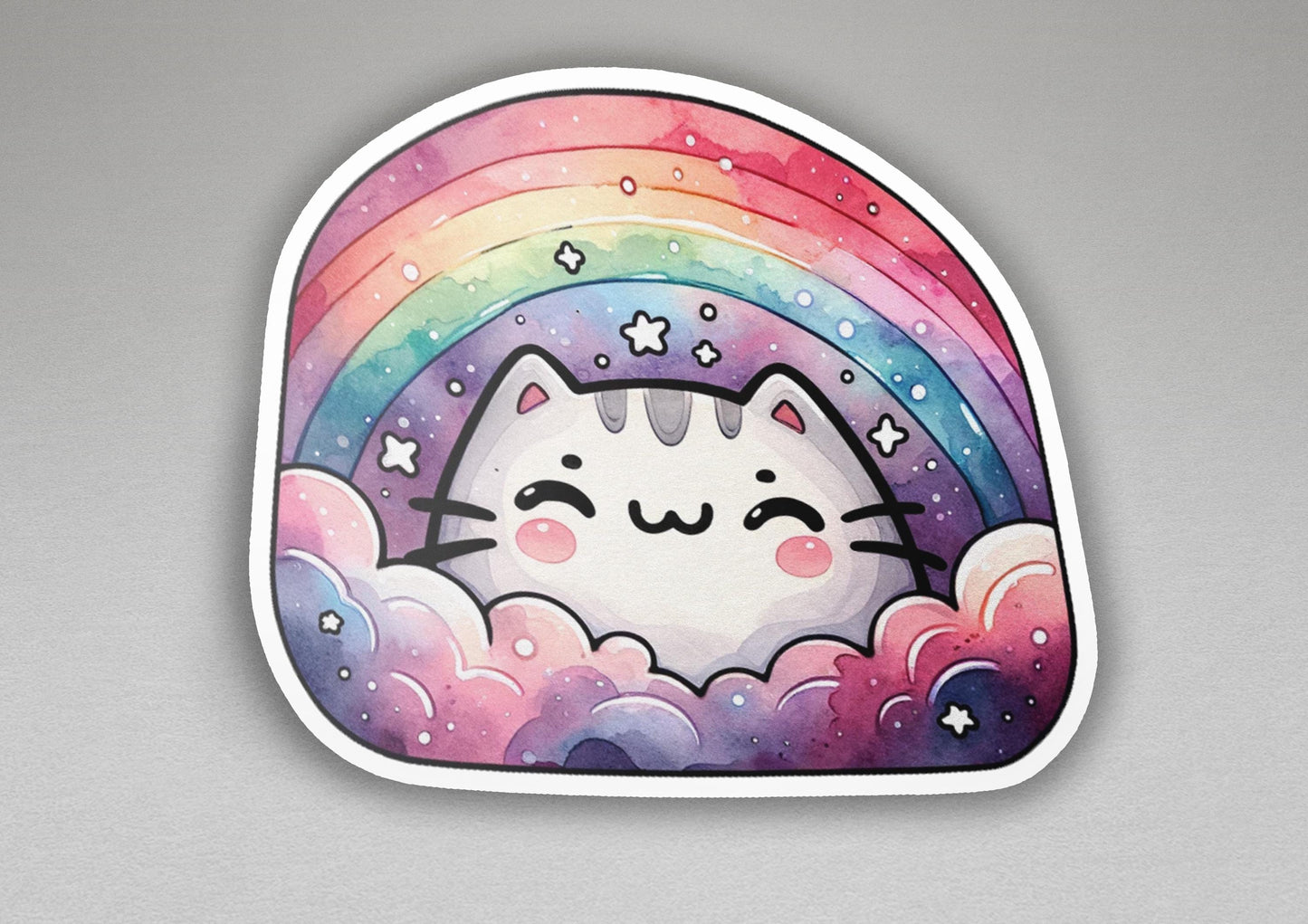 a sticker of a cat with a rainbow in the background