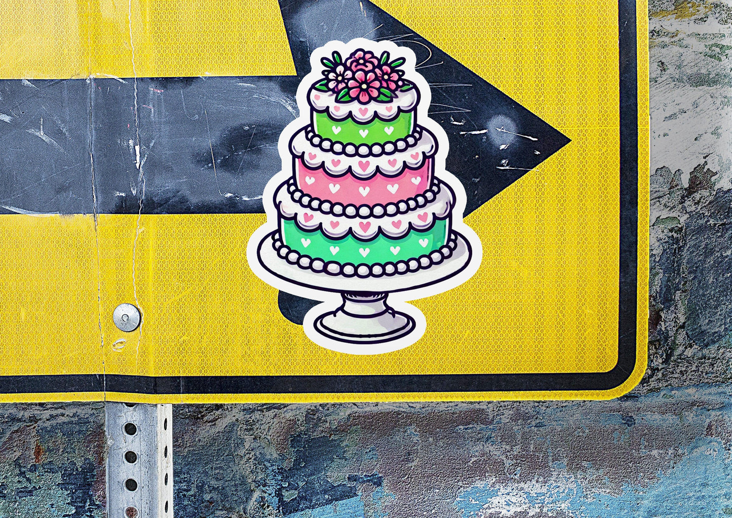 a yellow street sign with a cake on it