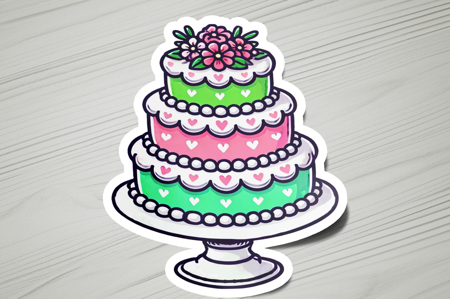 a sticker of a cake on a table