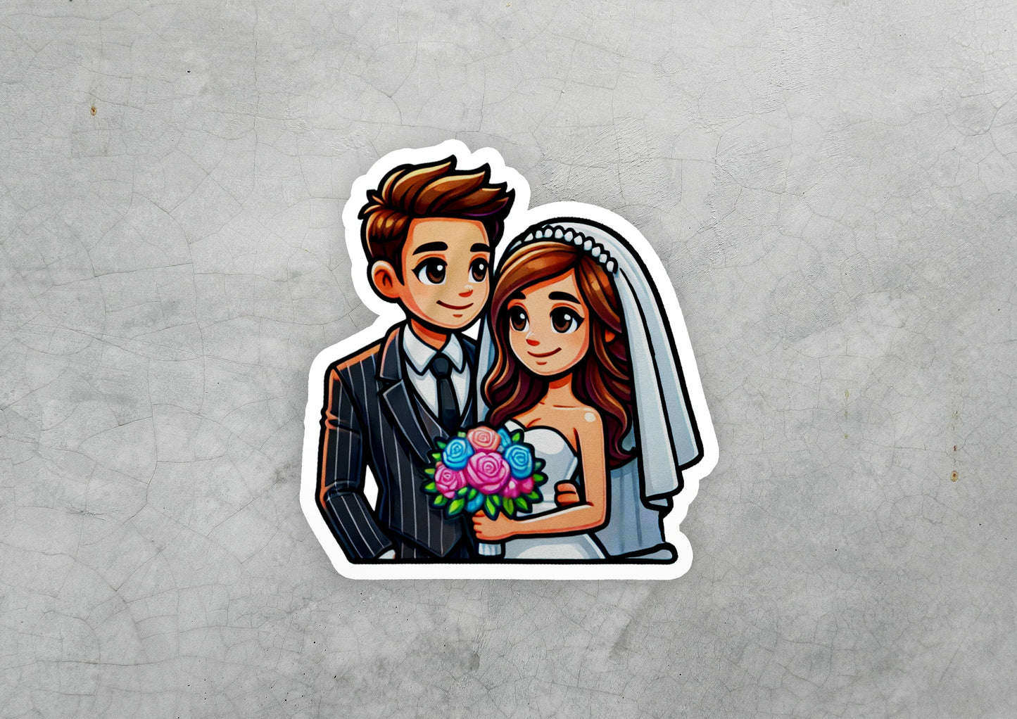 a sticker of a bride and groom
