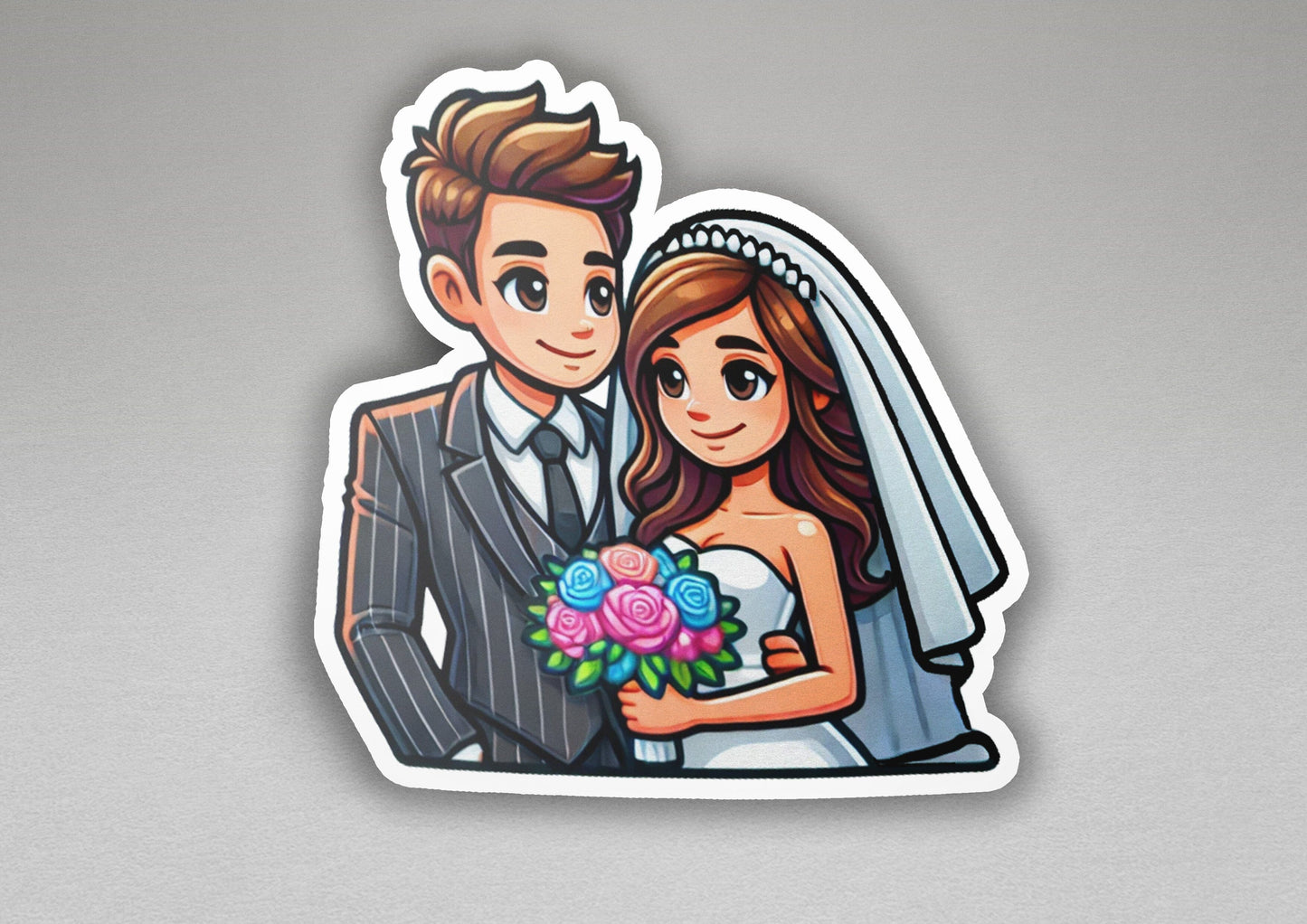 a sticker of a bride and groom