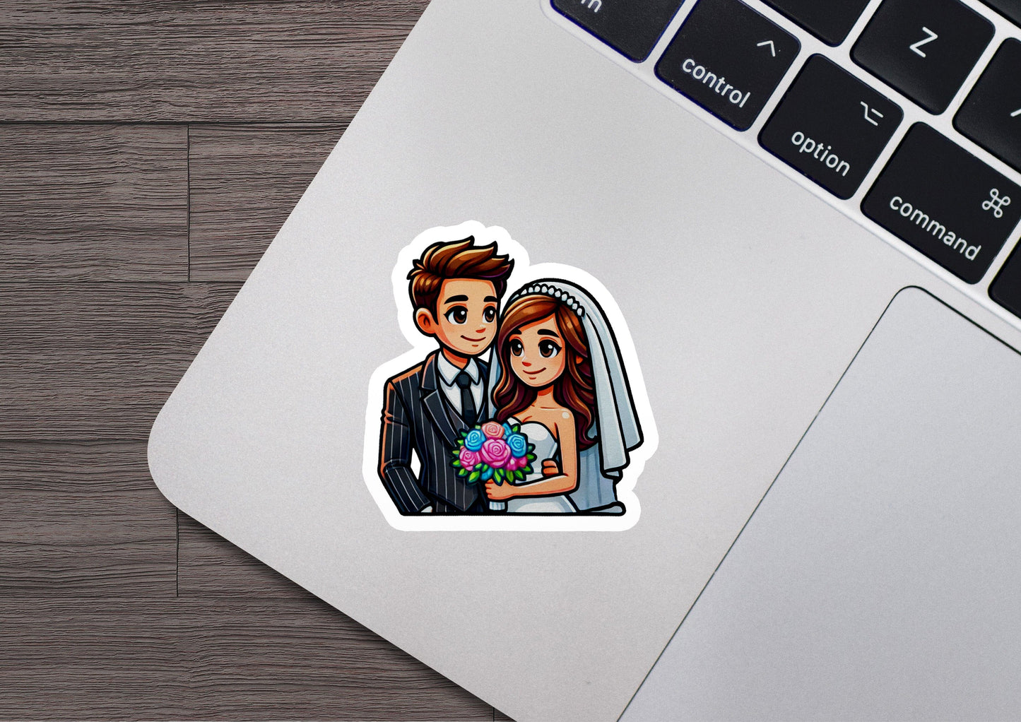 a sticker of a bride and groom on a laptop