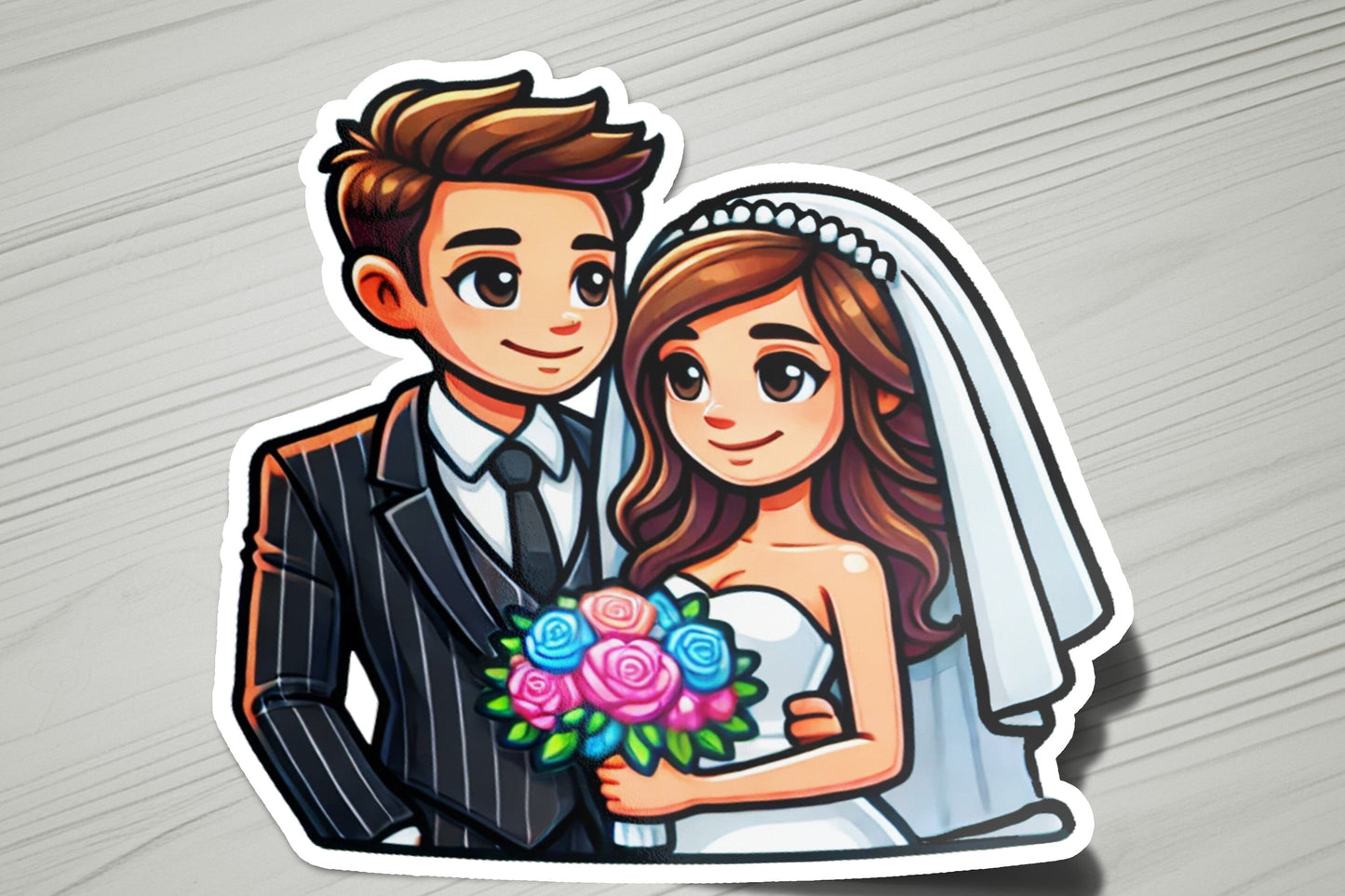 a sticker of a bride and groom