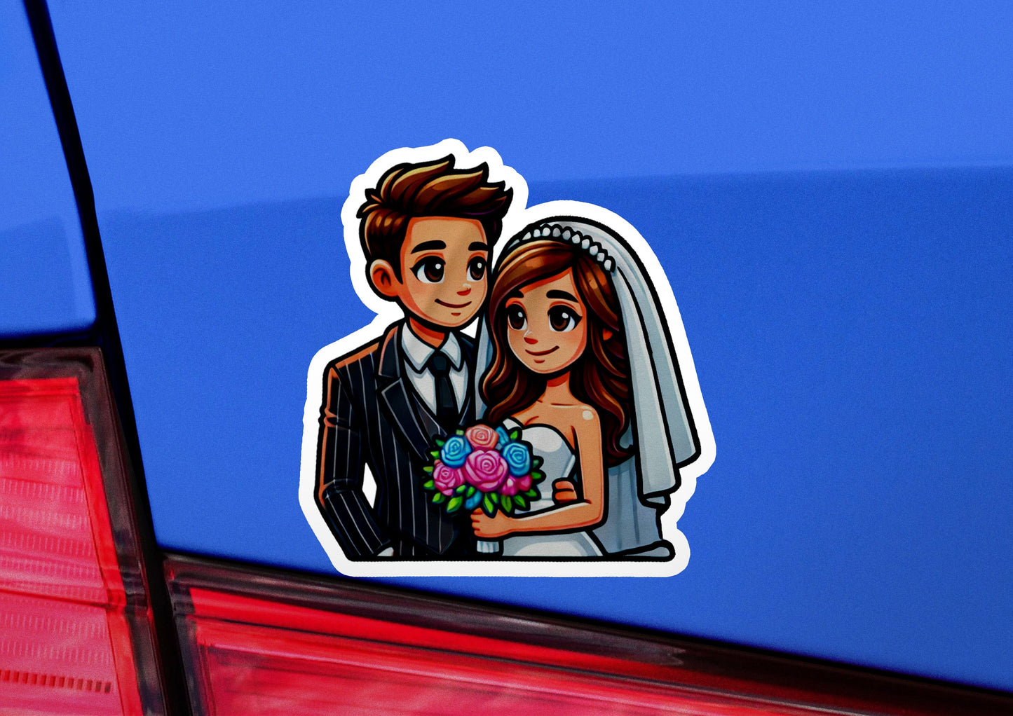 a bride and groom sticker on the back of a car