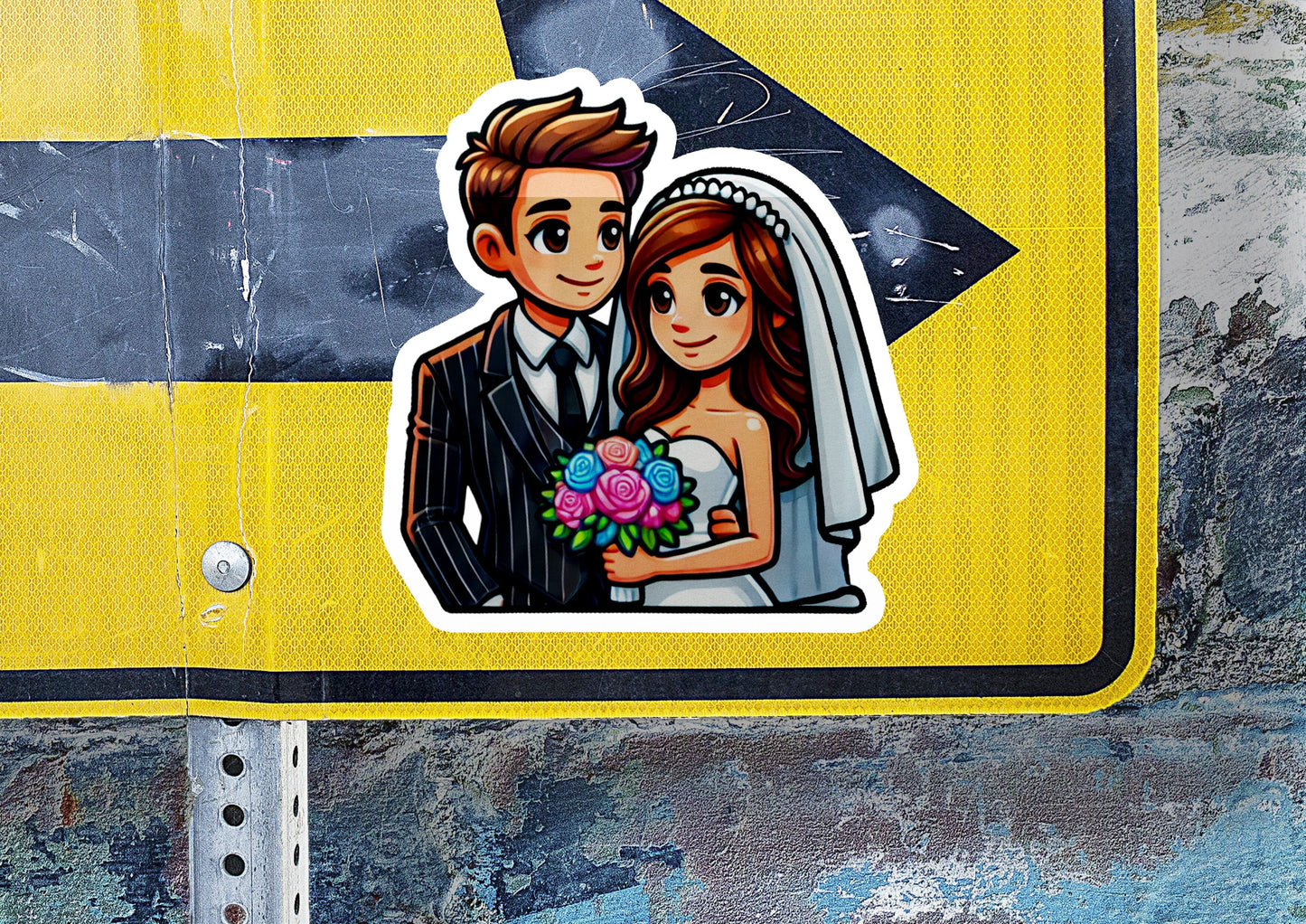 a sticker of a bride and groom on a yellow arrow sign