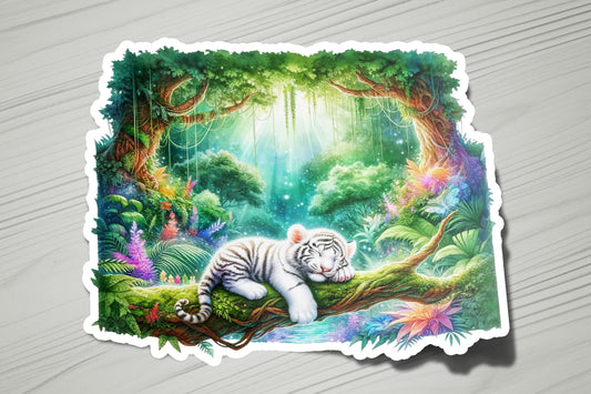 a sticker of a white tiger laying in a forest