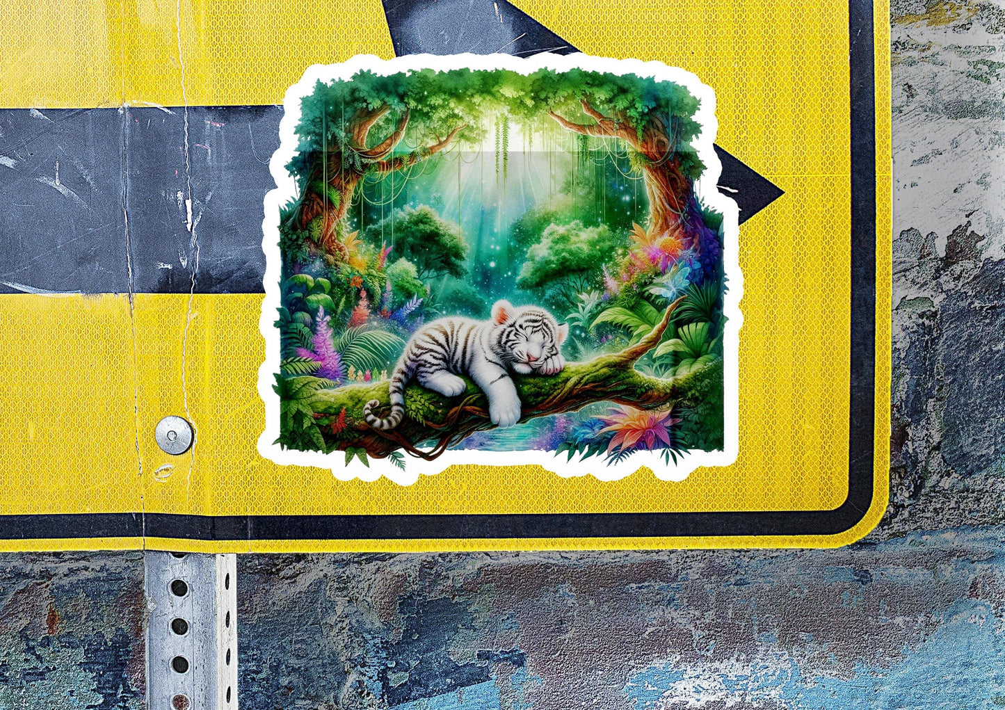 a picture of a white tiger on a yellow and black street sign