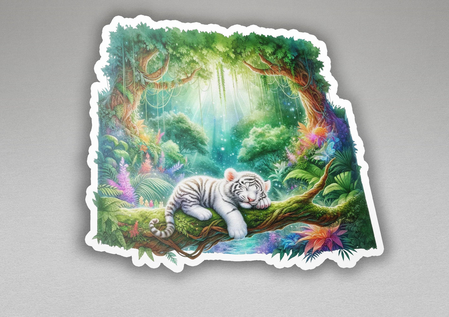 a sticker of a white tiger sleeping on a tree branch