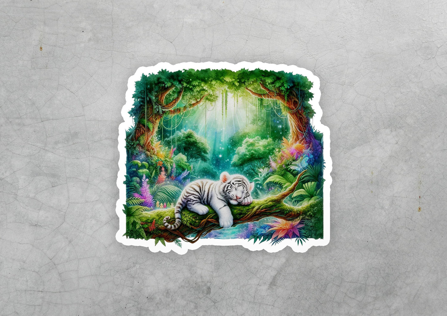 a sticker of a white tiger sitting on a tree branch