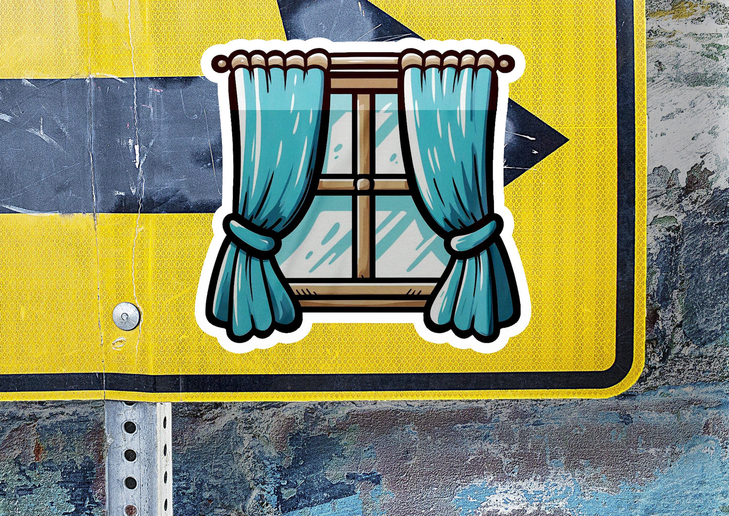 a sticker of a window with curtains on it