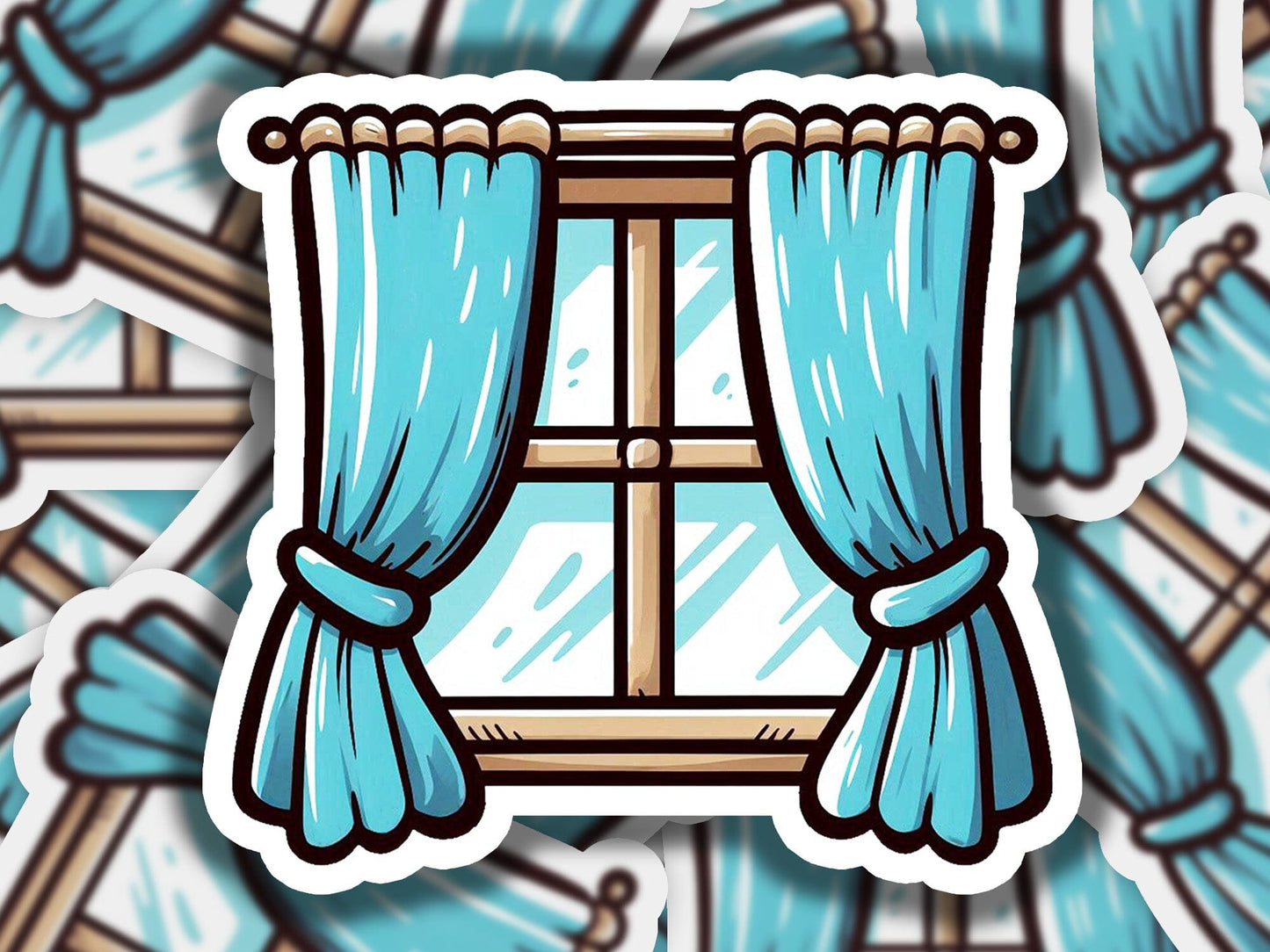 a sticker of a window with blue curtains