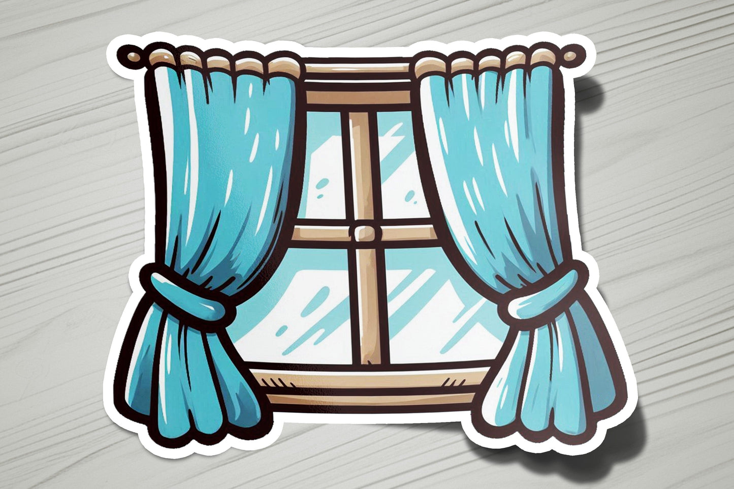 a sticker of a window with blue curtains