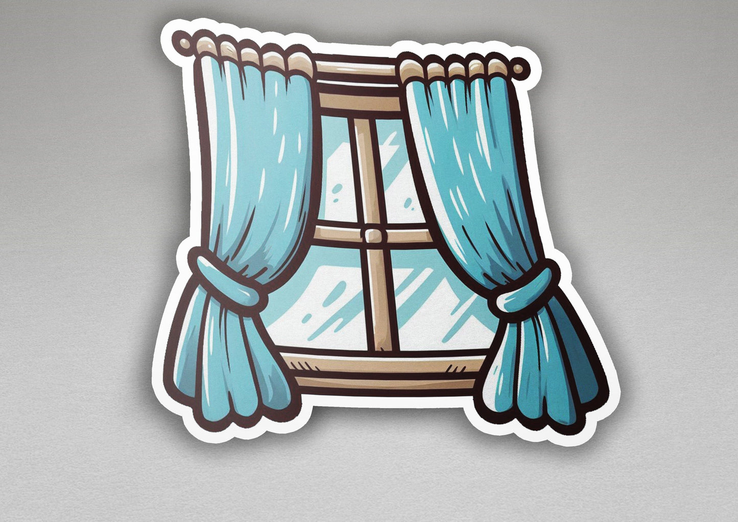 a sticker of a window with blue curtains