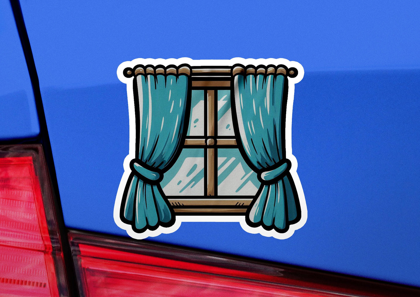 a sticker of a window with curtains on it