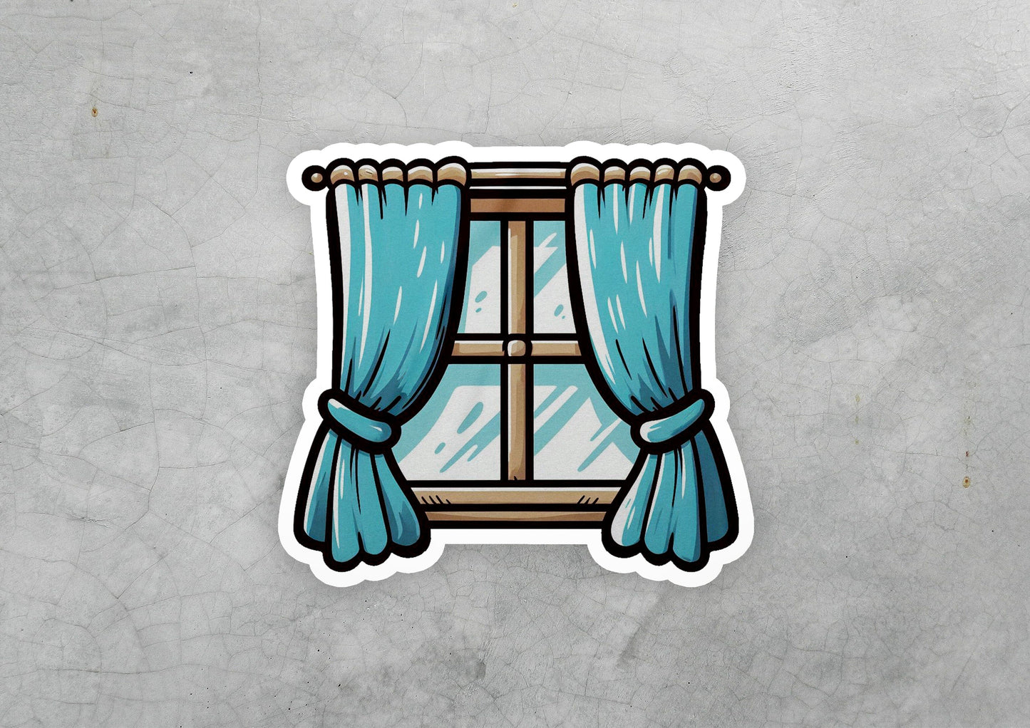 a sticker of a window with blue curtains