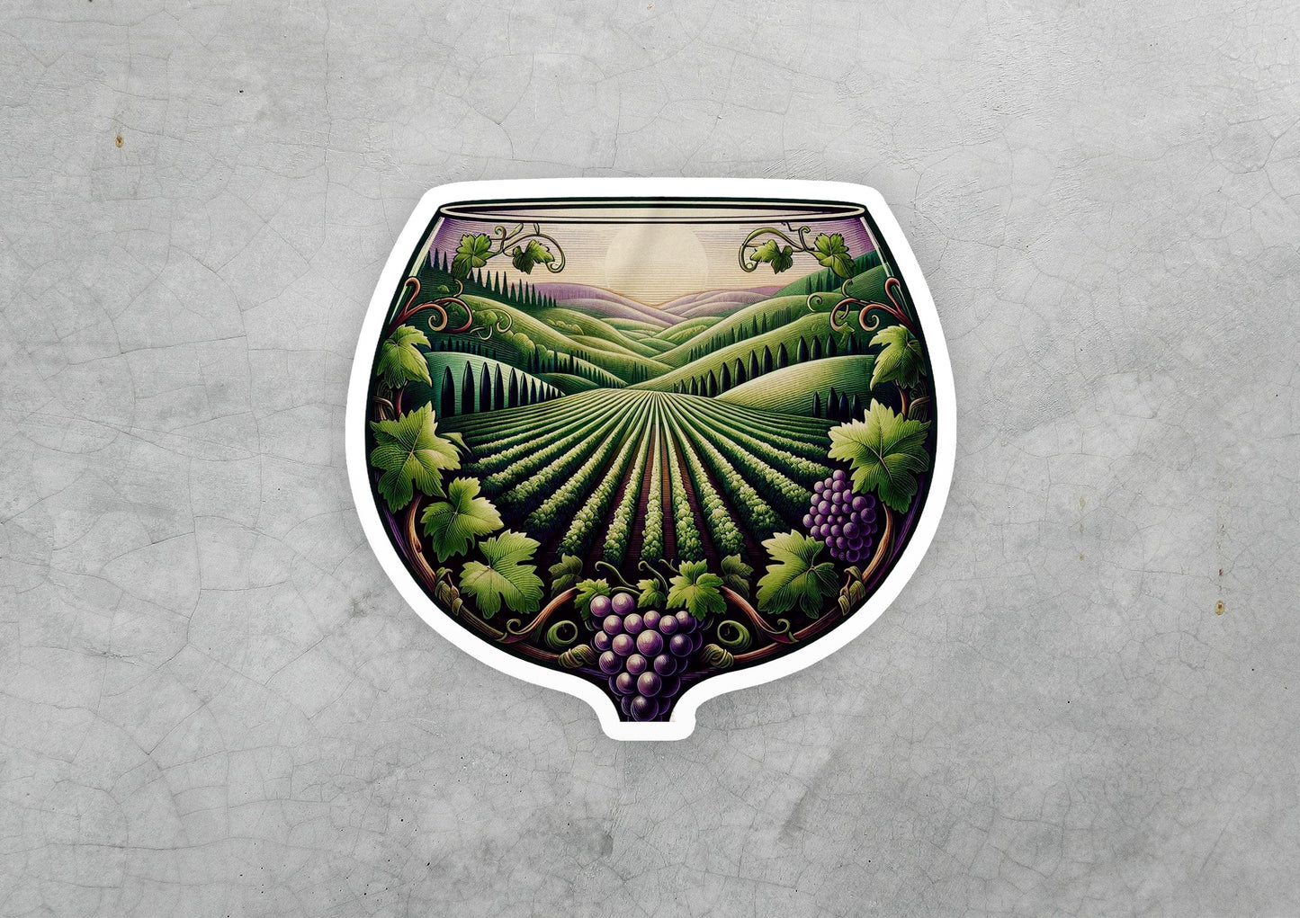 a sticker of a wine glass with a vineyard scene