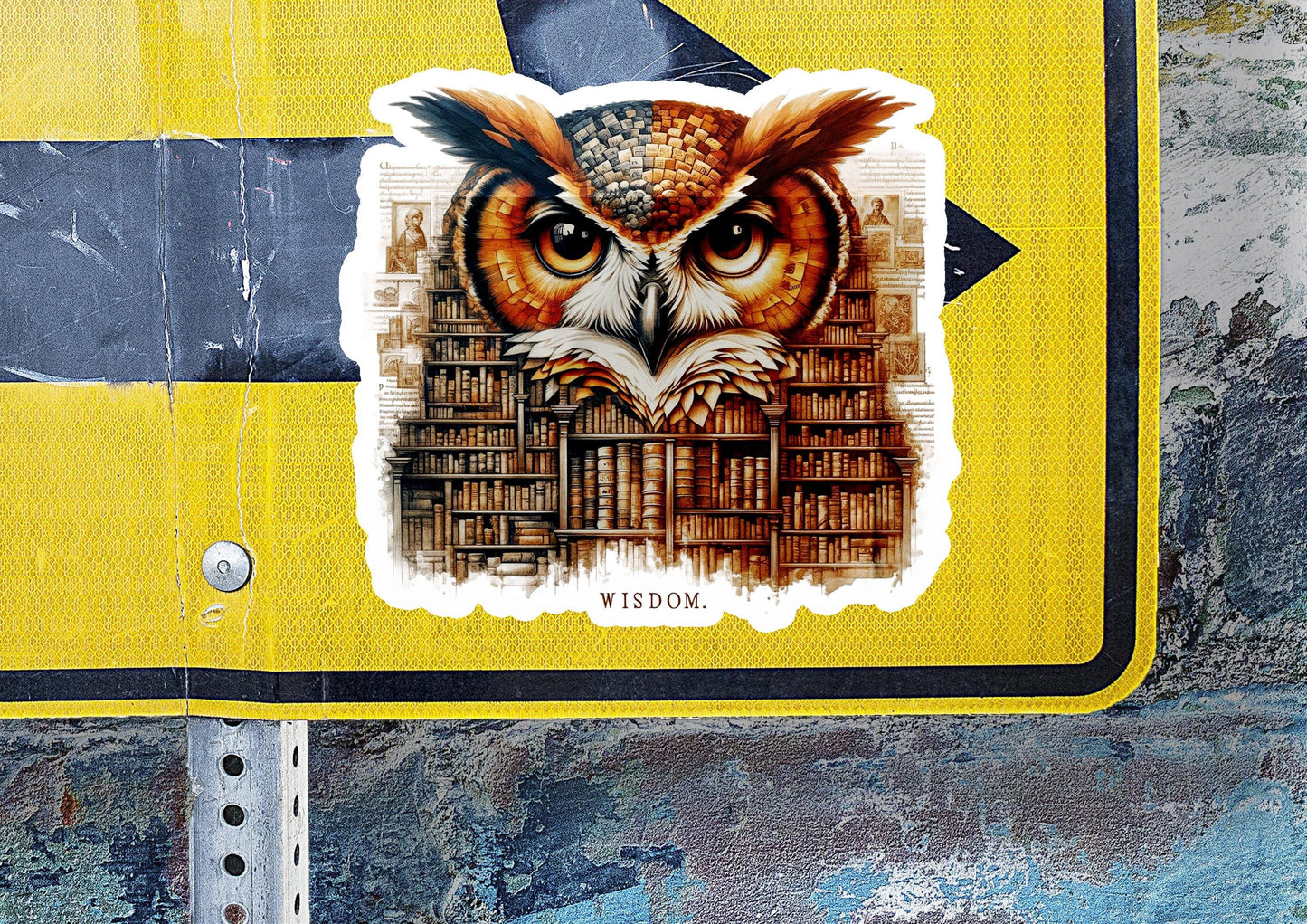 a sticker of an owl sitting on top of a bookshelf