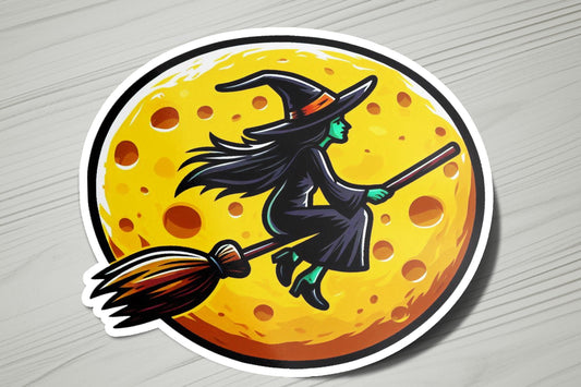 a sticker of a witch flying on a broom