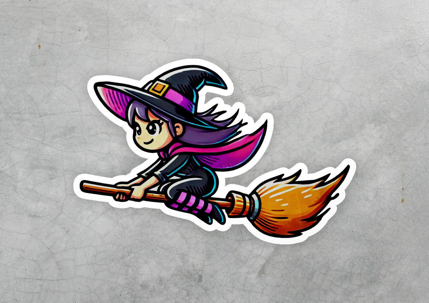 a sticker of a witch flying on a broom