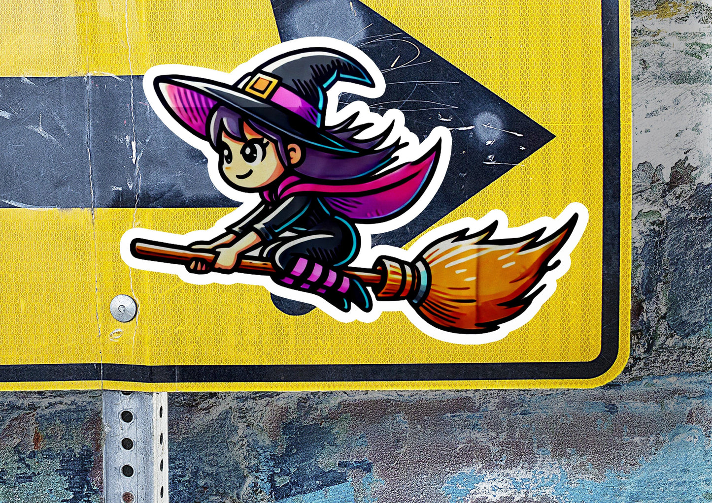 a sticker of a witch flying on a broom