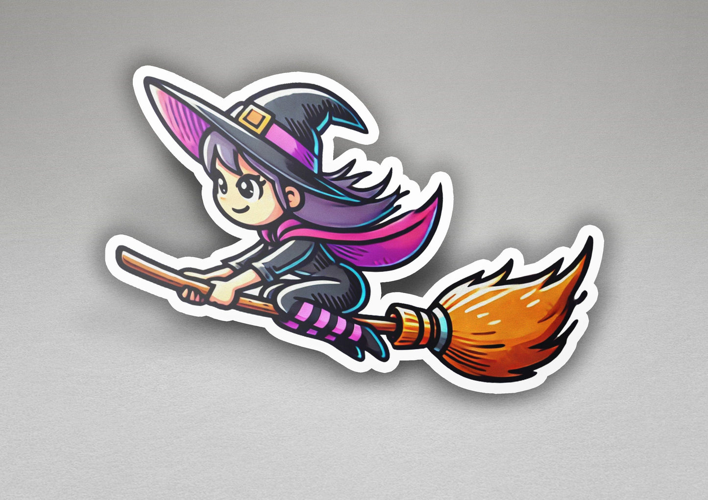 a sticker of a witch flying on a broom