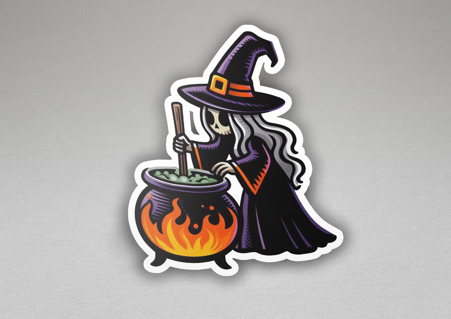 a sticker of a witch stirring a caulder