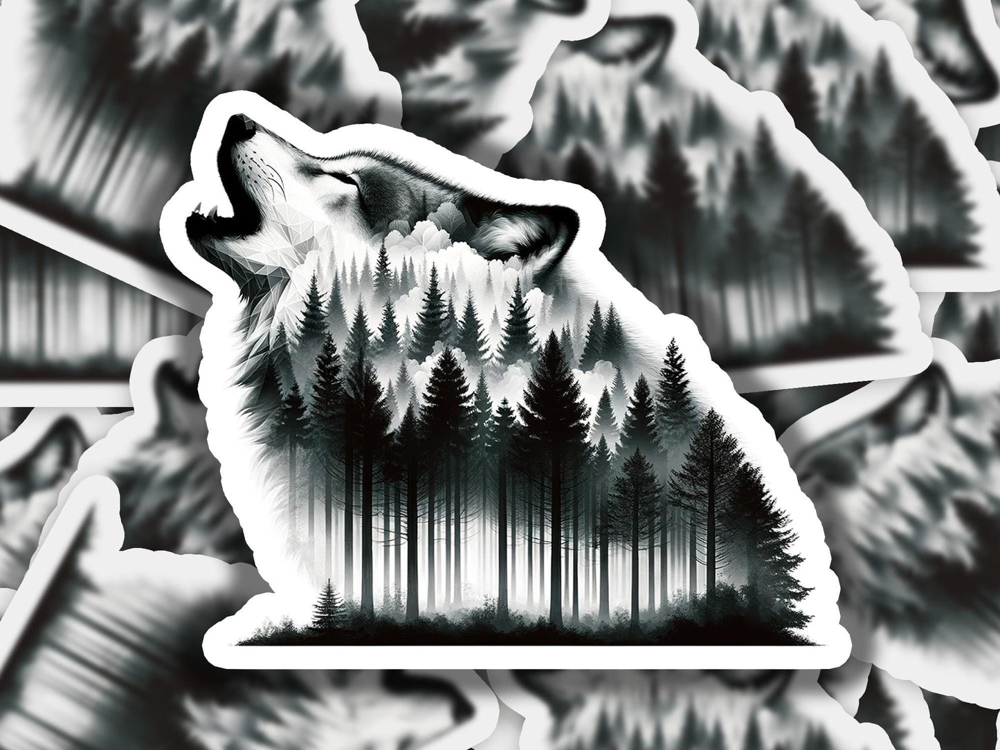 a wolf sticker sitting on top of a pile of stickers