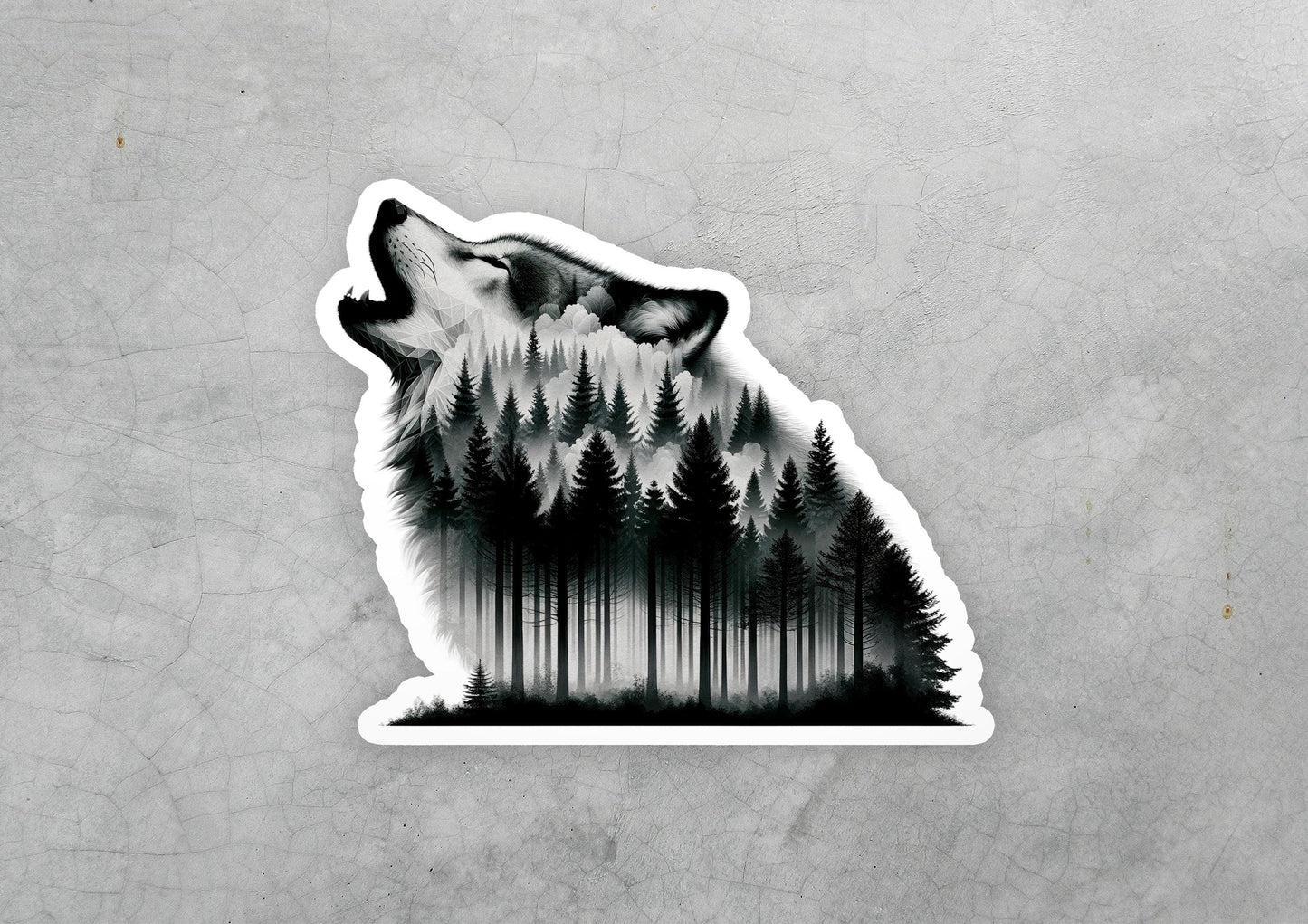 a sticker of a wolf with trees in the background