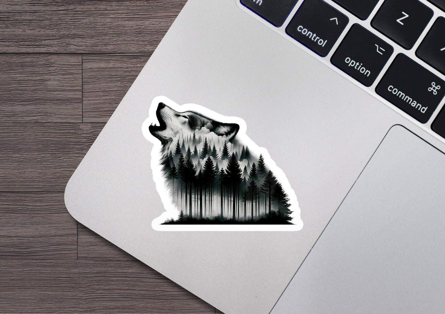 a sticker of a wolf in the woods