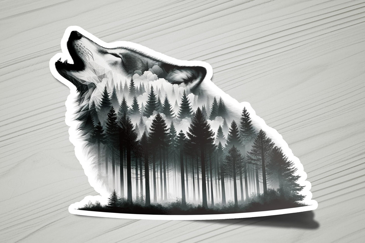 a sticker of a wolf with trees in the background