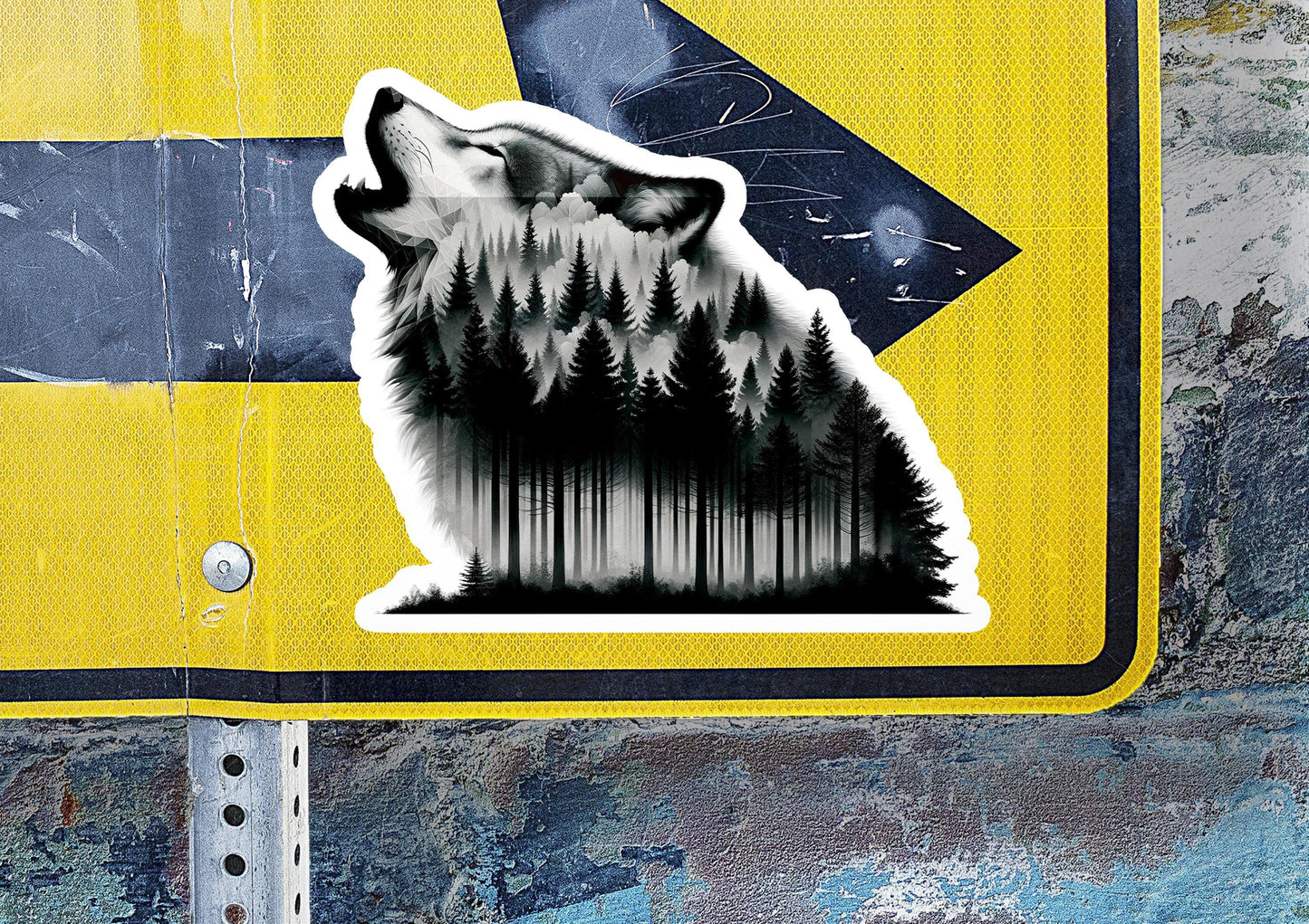 a sticker of a wolf with trees on it