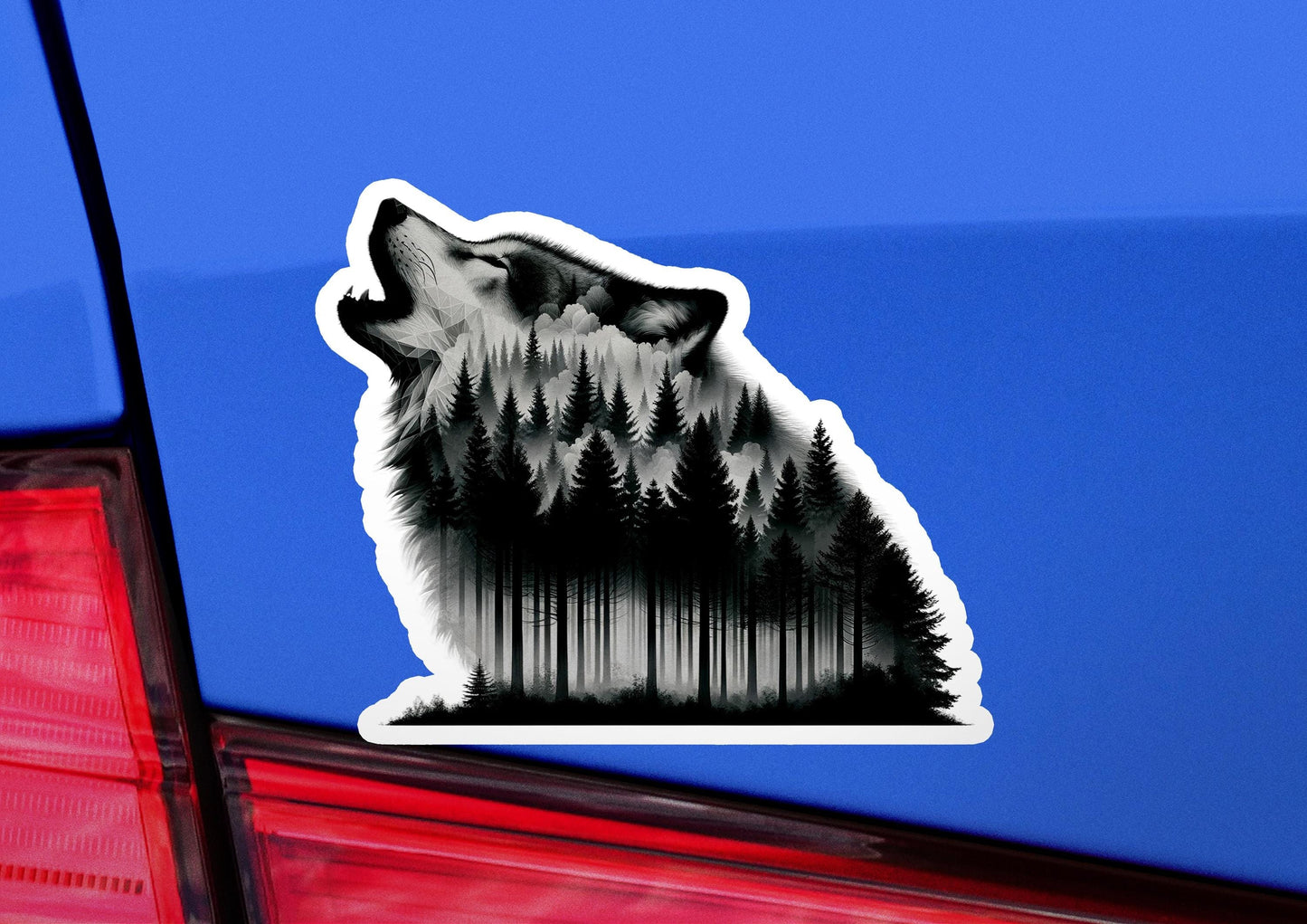 a sticker of a wolf with trees on it