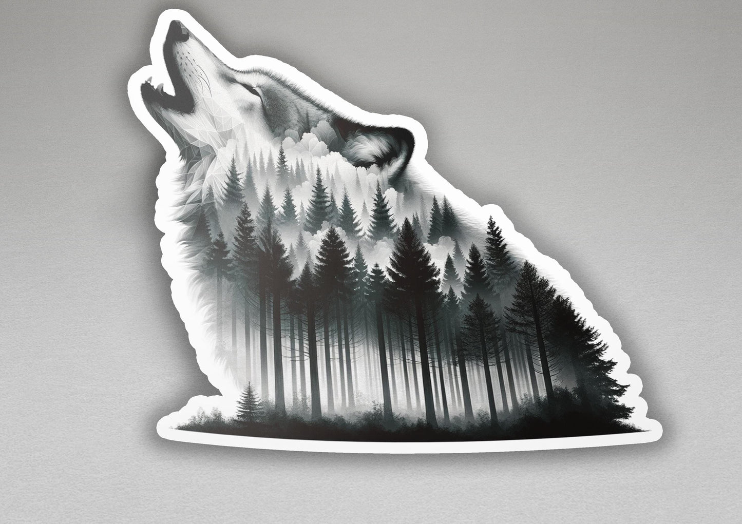 a sticker of a wolf with trees in the background