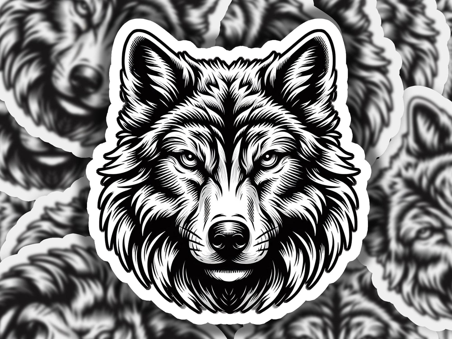a sticker of a wolf's head on a black and white background