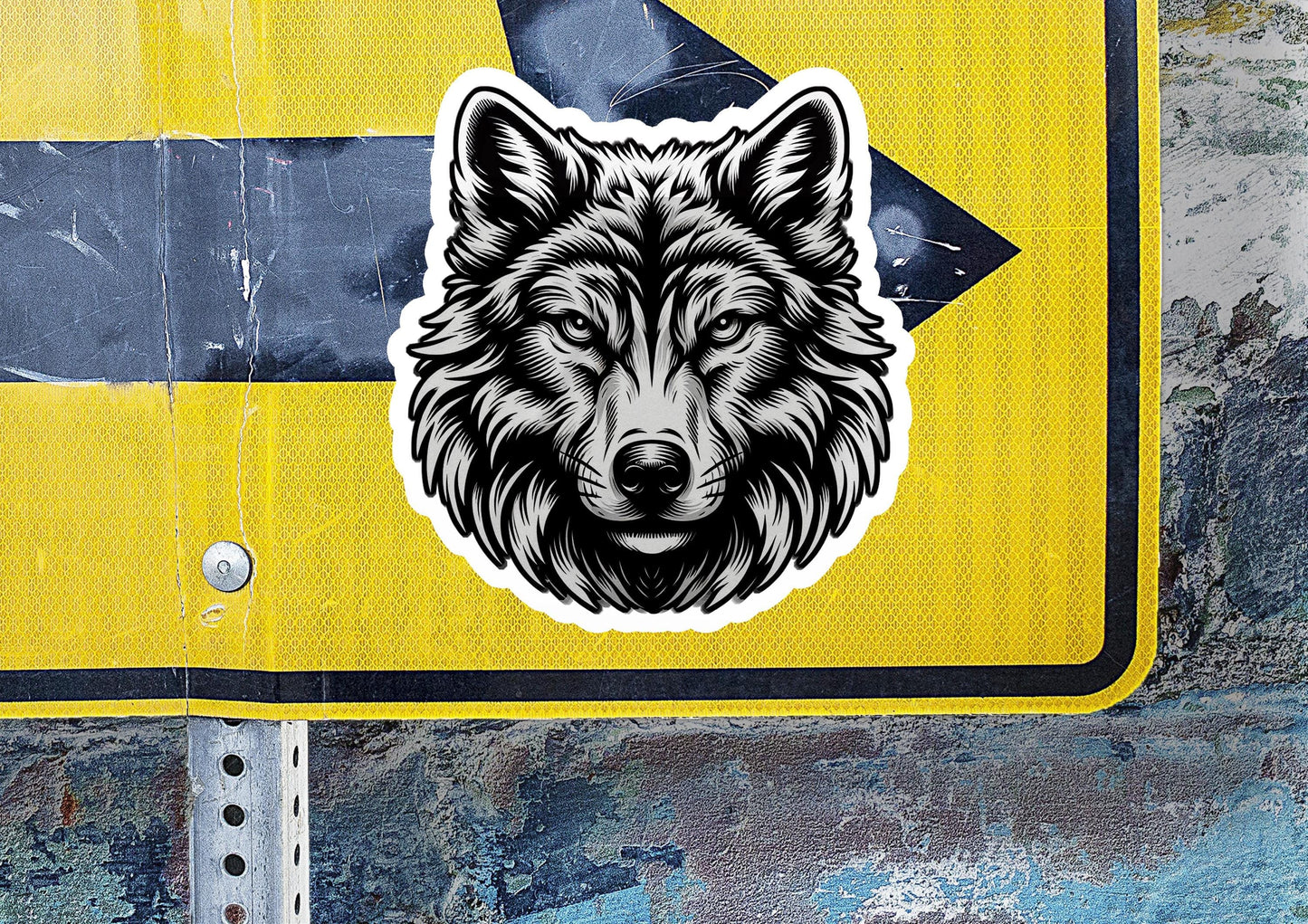 a sticker of a wolf on a yellow street sign