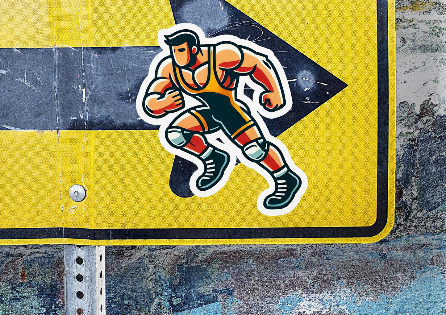 a yellow street sign with a sticker of a basketball player