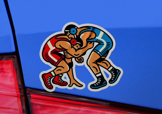 a close up of a car with a sticker of two men wrestling