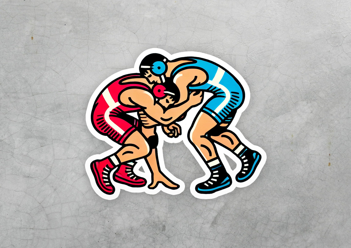 a sticker of two men wrestling each other