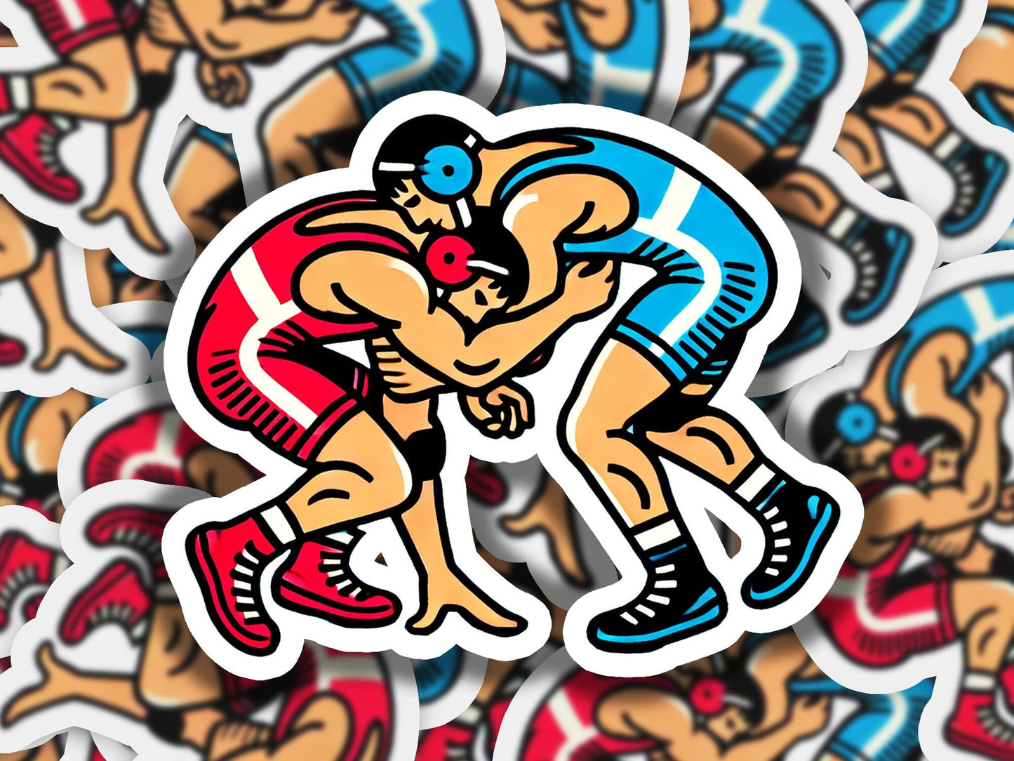 a sticker of a cartoon wrestler wrestling