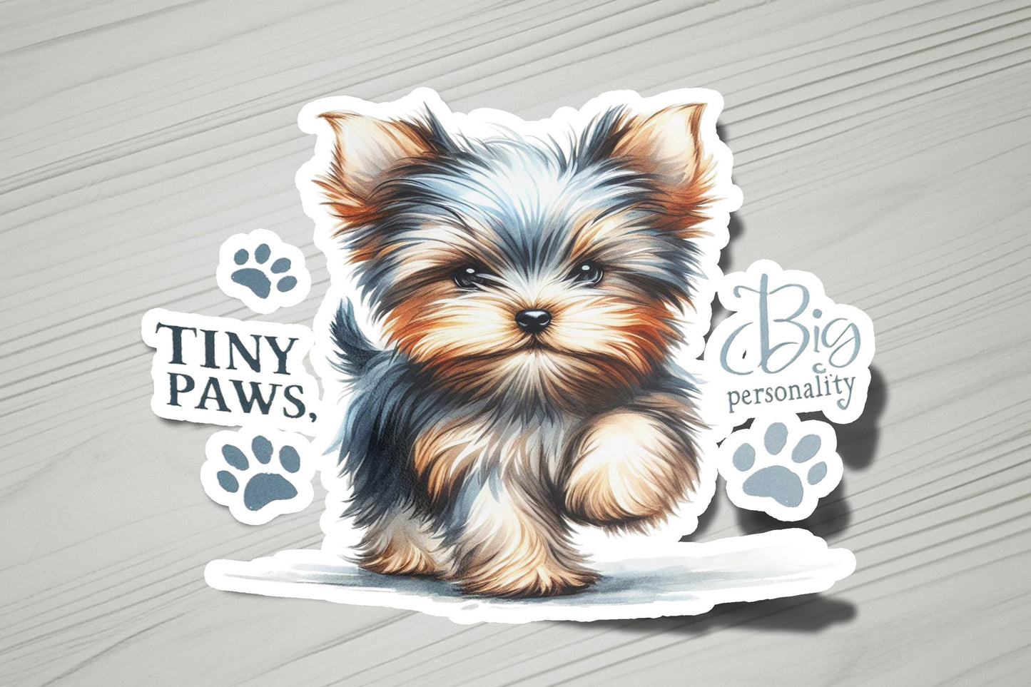 a sticker of a small dog sitting on top of a table