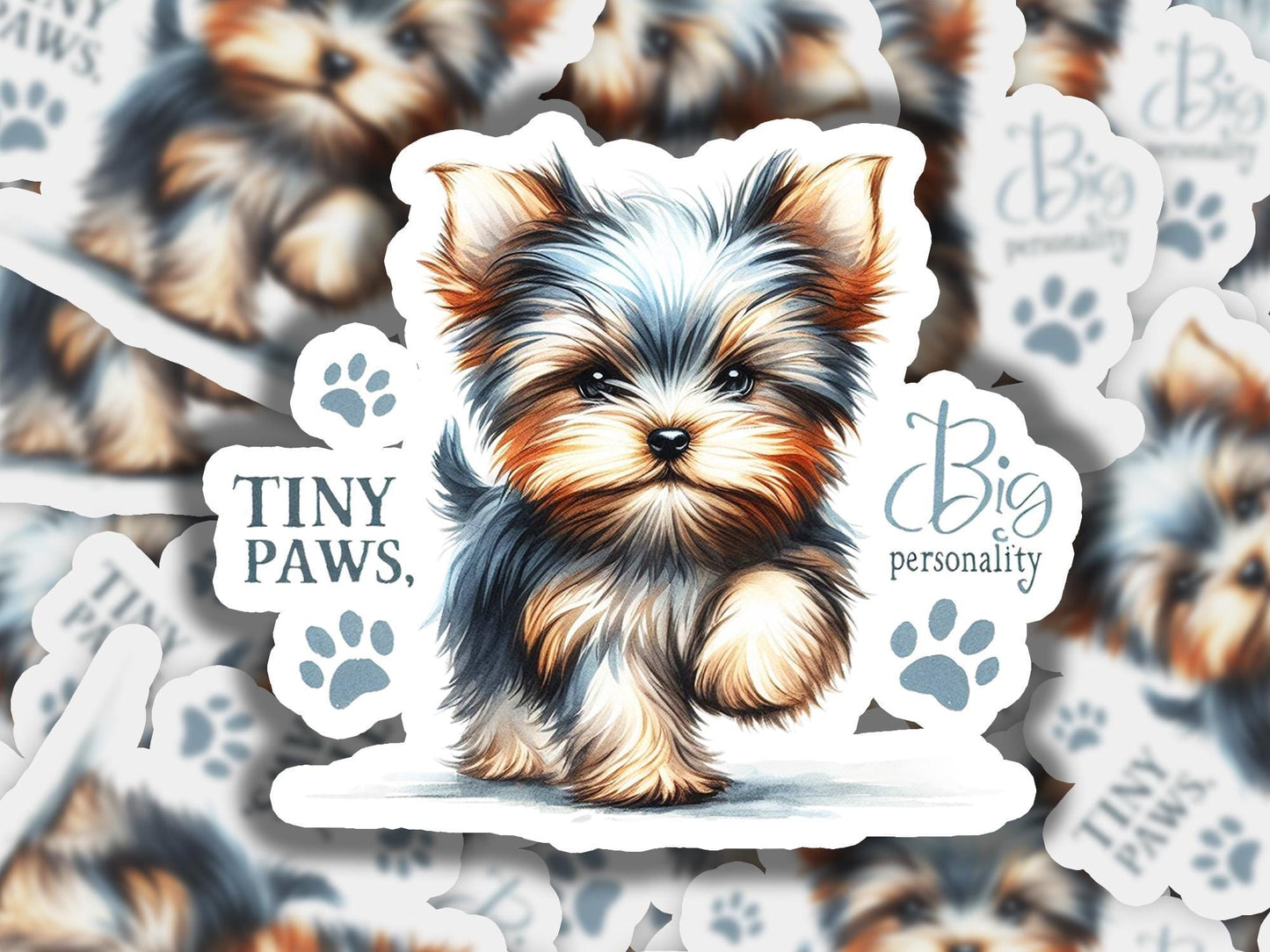 a sticker of a small dog sitting on top of a pile of paw prints
